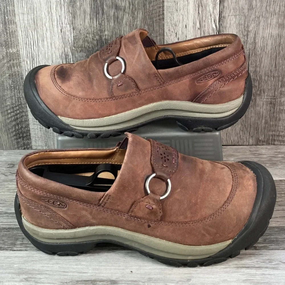 KEEN Presidio II Brown Leather Floral Slip On Mule Clog Womens Size 7 1021943